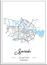 DesignClaud Geboorteposter Blauw - Stadskaart – Geboorteplaats Kraamcadeau A4 + Fotolijst wit