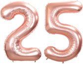 Folie Ballon Cijfer 25 Jaar Cijferballon Feest Versiering Folieballon Verjaardag Versiering Rose Goud XL 86Cm Met Rietje