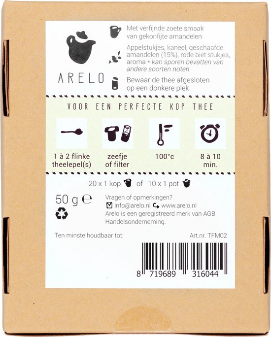 Achterkant verpakking van Arelo Amandelthee met zetinstructies, ingrediënten en streepjescode.