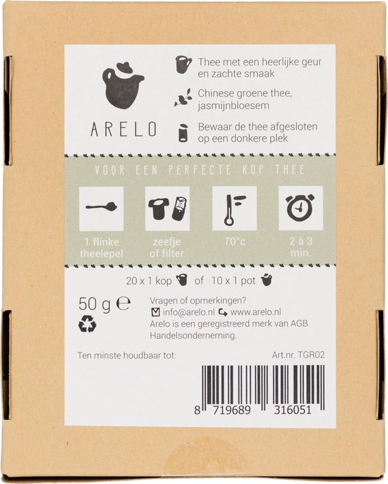 Achterkant verpakking van Arelo Jasmijnthee met zetinstructies, ingrediënten en streepjescode.