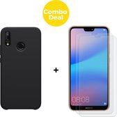 Huawei P20 Lite (2019) Telefoonhoesje met 2 x Screenprotector | Siliconen Tpu Smartphone Back Cover Zwart | Gehard Beschermglas