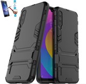 Xiaomi Mi A3 / Mi CC9e Kickstand Shockproof Zwart Cover Case Hoesje - 1 x Tempered Glass Screenprotector A3TBL