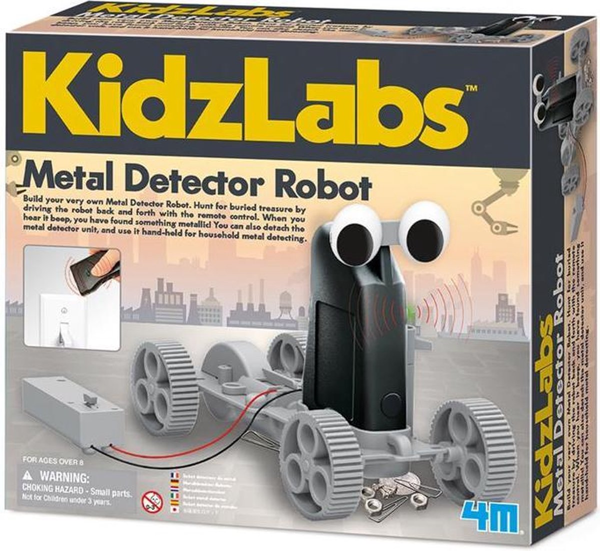 4M KidzLabs: METAALDETECTOR ROBOT, met afstandsbediening, met gedetailleerde instructies, werkt op 1x1.5V AA batterijen (niet inbegrepen) en 2x1.5V knoopcellen (inbegrepen), doos 24x22x6cm, 8+