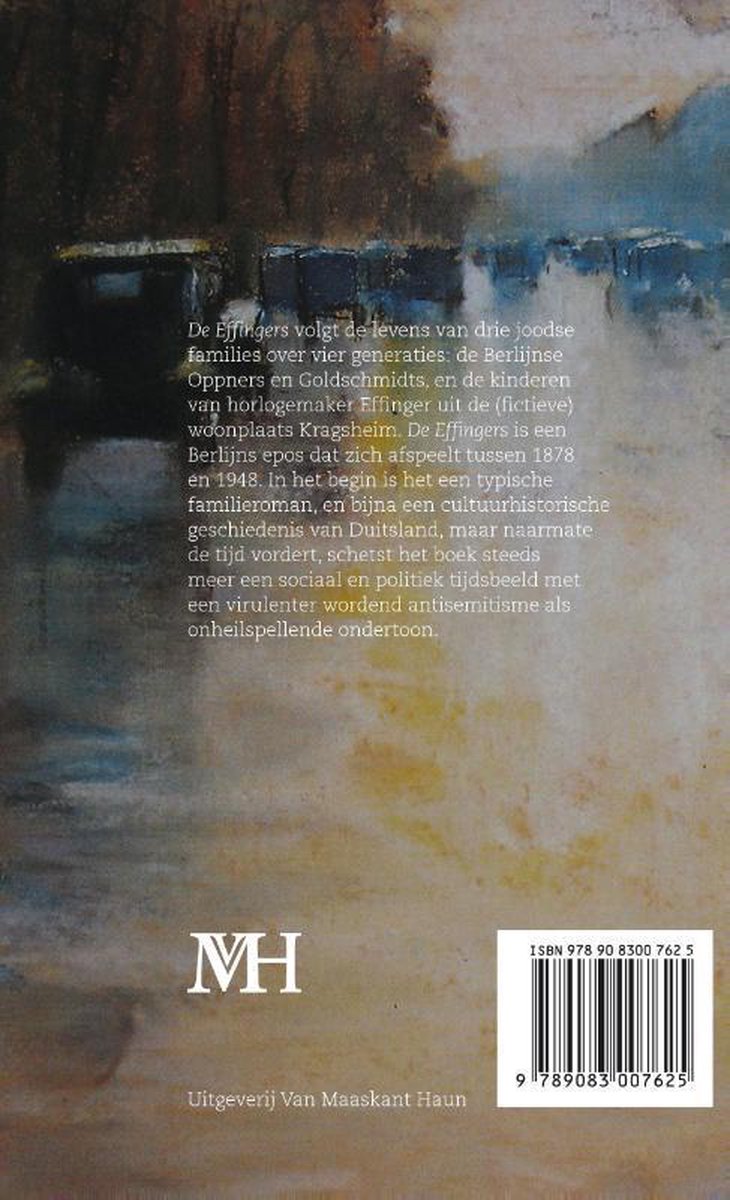 Boekomslag met abstracte aquarel van een brug en water, met de titel 'De Effingers' en ISBN.