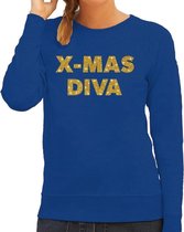 Foute Kersttrui / sweater - Christmas Diva - goud / glitter - blauw - dames - kerstkleding / kerst outfit M (38)