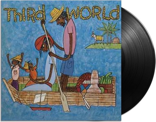 LP platenspeler met hoesafbeelding van een boot met vier personen en 'Third World' in touwletters erboven.