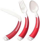 Service de couverts 3 pièces droitier (fourchette, cuillère et couteau), couverts adaptés avec manche courbé à droite. Poignée antidérapante, rouge.