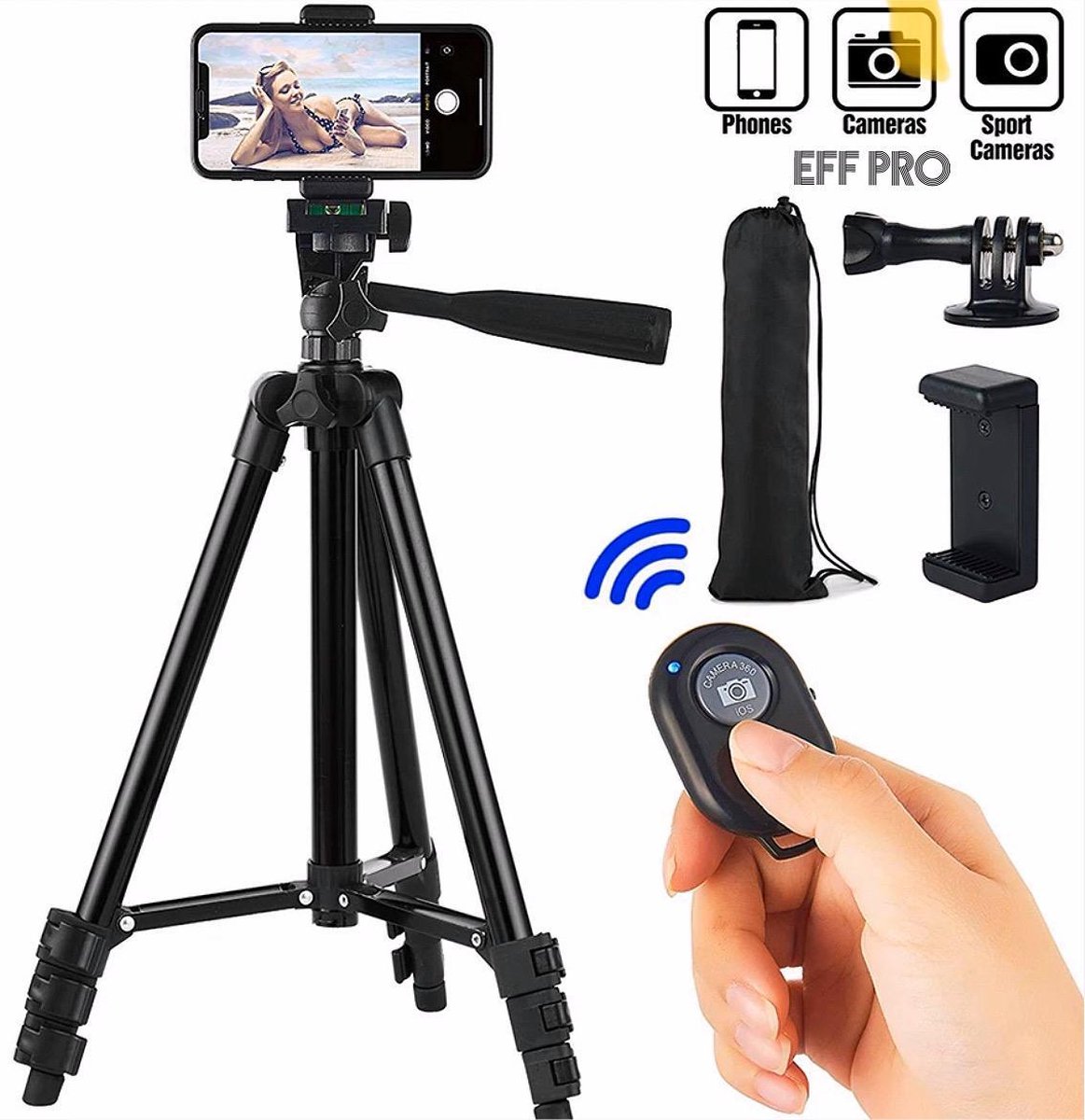Tripod Camerastatief Zwart voor fotocamera en telefoon - iPhone - Canon Nikon - Spiegelreflexcamer