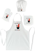 mijncadeautje - Cadeauset "Brasserie" - 4 delig - Schort + Ovenwant + Pannenlap + Koksmuts - Hier wordt met liefde gekookt - wit