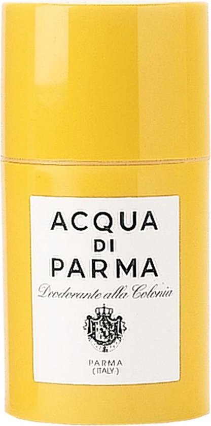 Oranje Acqua Di Parma deodorantstick met wit label: "ACQUA DI PARMA", "Deodorante alla Colonia", wapenschild en "PARMA (ITALY)".