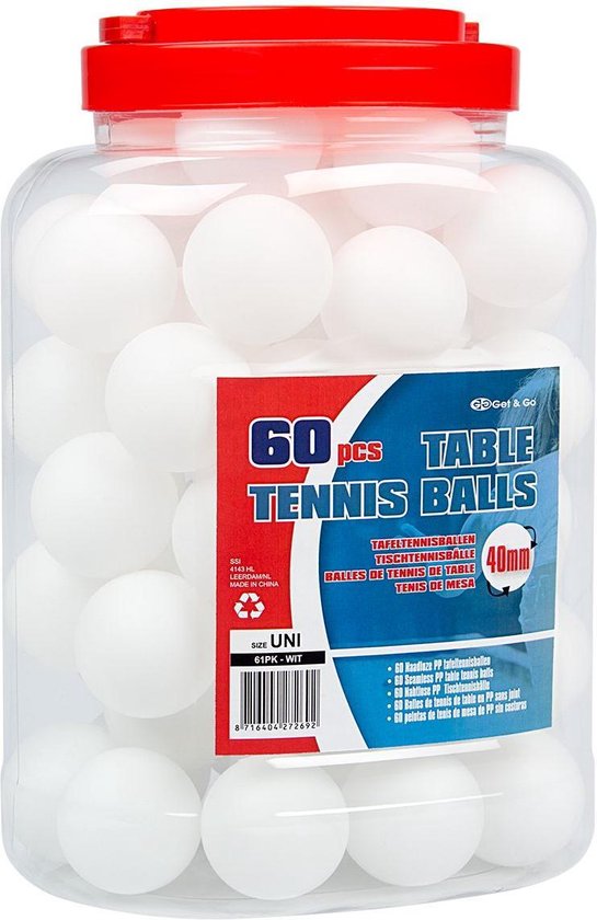 Get & Go - Balles de tennis de table - En polypropylène - Dans un pot - 60 Pièces - Blanc