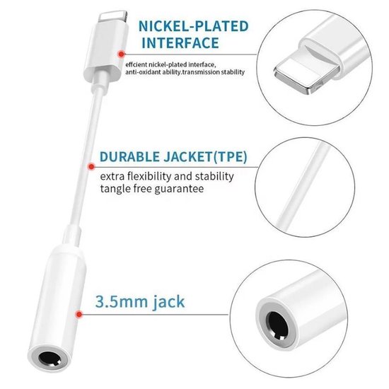 Apple Lightning naar Aux Jack 3,5 mm voor iPhone - Lightning naar 3,5 mm Hoofdtelefoonaansluiting Adapter - Lightning en AUX kabel - Lightning-apparaten - Muziek luisteren - Wit