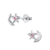 Joy|S - Zilveren star and moon oorbellen 8 x 7 ster maan kristal roze