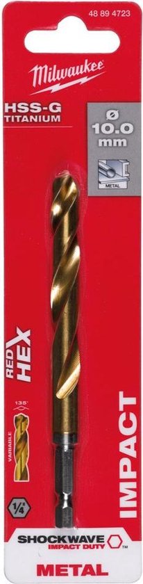 Milwaukee HSS-G Titanium metaalboor, 10 mm, in rode verpakking met 'IMPACT' en 'RED HEX' logo's