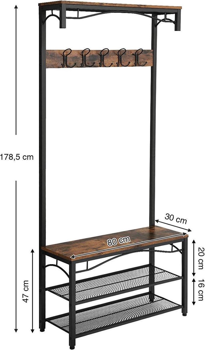 Nancy's Garderoberek met Kapstok - Schoenenrek - Industrieel - 80 x 32 x 178.5 cm – foto 8