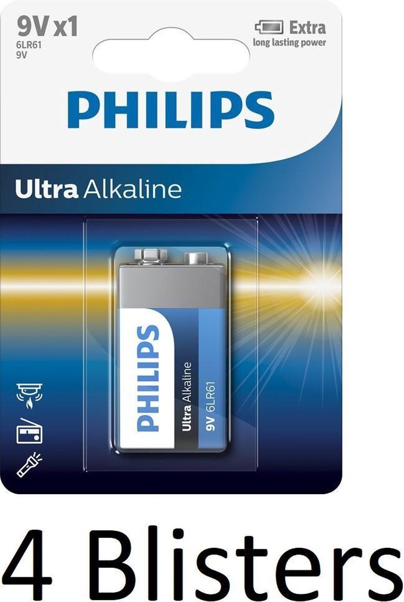 4 Stuks (4 Blisters a 1 st) Philips 6LR61 9V batterij