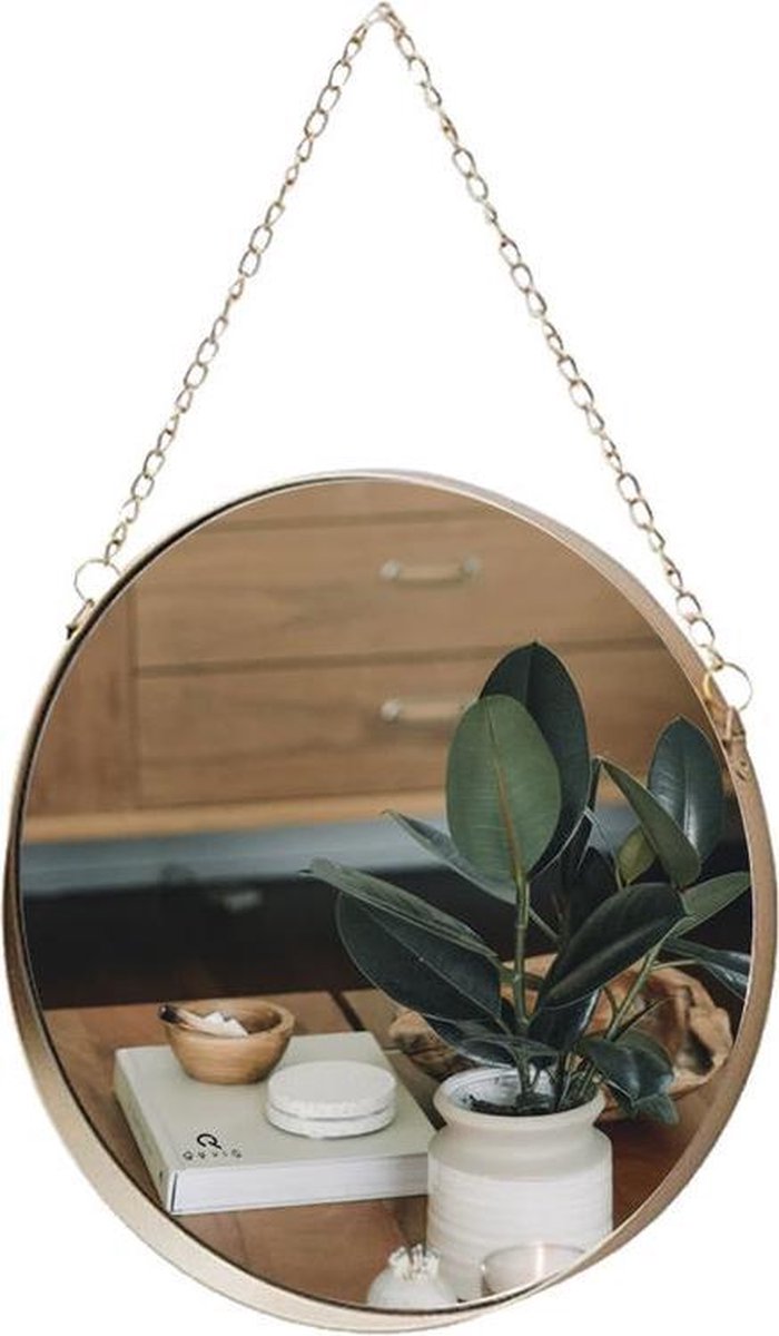 QUVIO Spiegel rond - Met ophangketting - Goud - Hangende spiegel - Wandspiegel