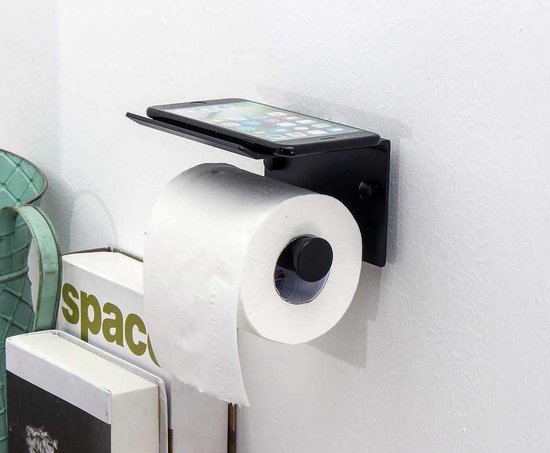 CoshX® toiletrolhouder industrieel met een telefoonplankje zwart -  Toiletpapierhouder... | bol.com