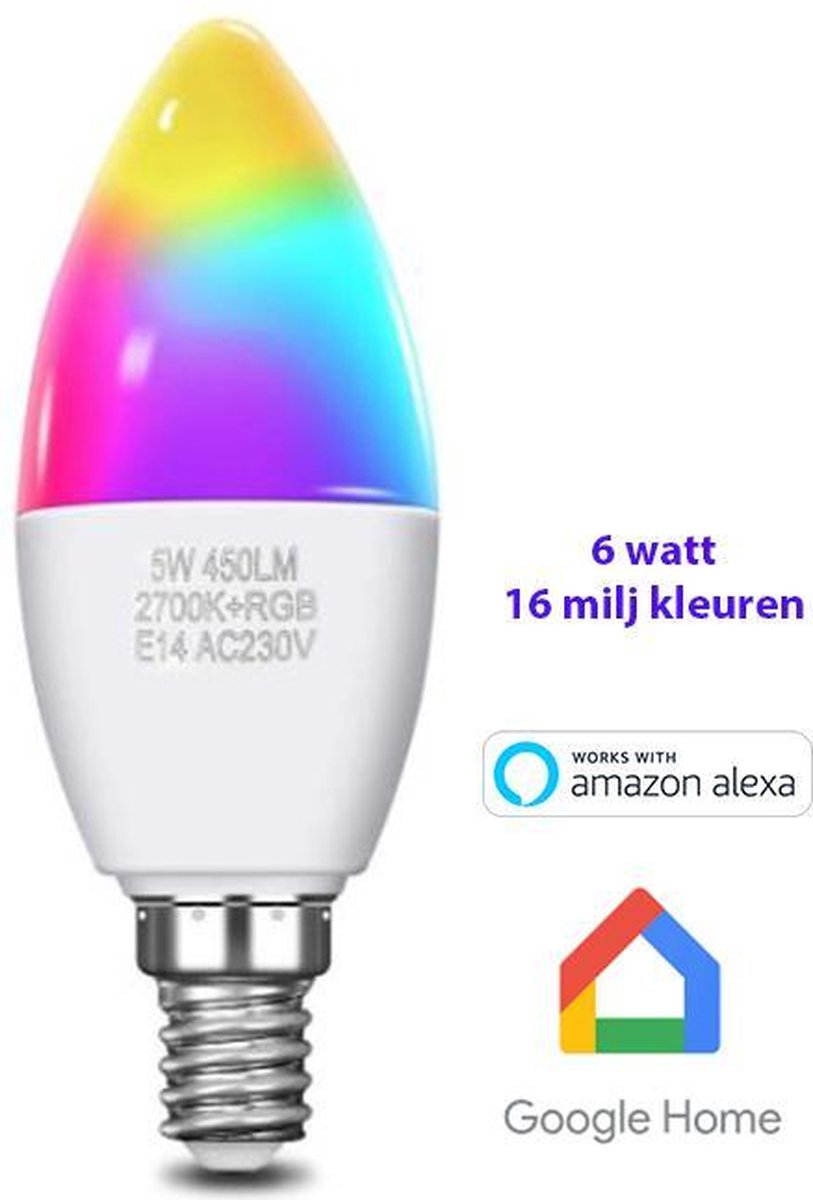 renderen Gevangene Tot ziens bol.com | Smart Bulb kaars Led 5wat lamp E14– GOOGLE HOME ALEXA 17miljoen  kleuren