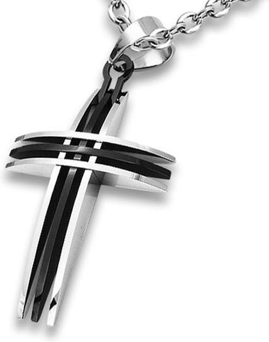 Montebello Ketting Bolt Black - 316L Staal - Kruis - 50x34mm - 60cm