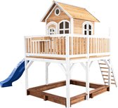 AXI Liam Speelhuis in Bruin/Wit - Met Verdieping, Zandbak en Blauwe Glijbaan - Speelhuisje voor de tuin / buiten - FSC hout - Speeltoestel voor kinderen