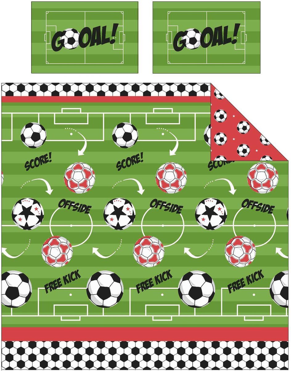 Voetbal dekbedovertrek - groen met rood - Tweepersoons met 2 kussenslopen - Goal - Offside - Score