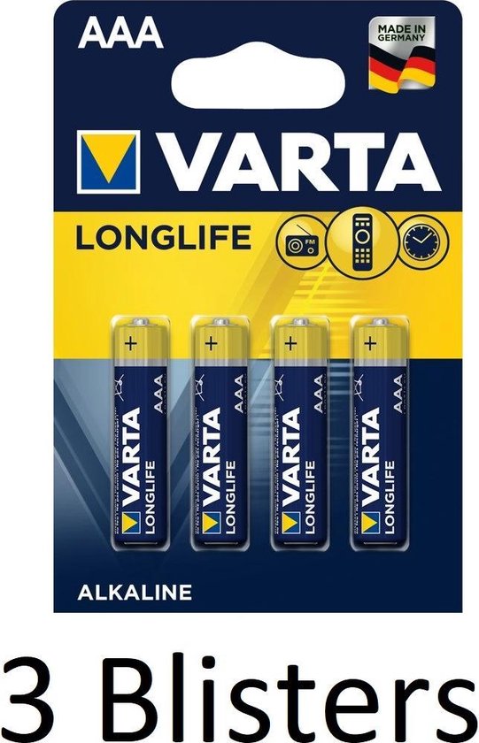 12 Stuks (3 Blisters a 4 st) Varta Longlife Extra AAA Batterij - Alkaline |  bol.com