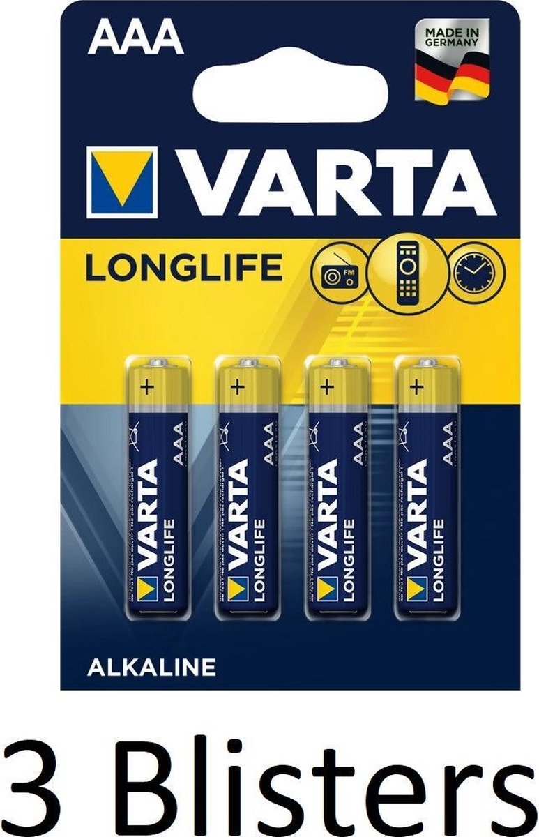 12 Stuks (3 Blisters a 4 st) Varta Longlife Extra AAA Batterij - Alkaline