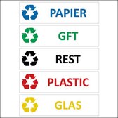 Afvalstickers met afbeelding - 5 verschillende soorten - Papier – Plastic – Glas – GFT – Rest - Container stickers - Recyclestickers - Pictogrammen - Klikostickers - Prullenbak - afval scheid