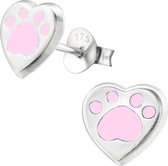 Joy|S - Zilveren kat hond dierenpoot hartje oorbellen 8 x 7 mm poot roze