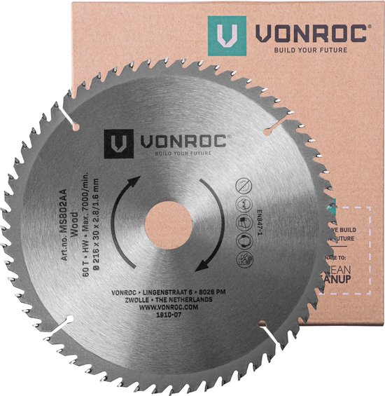 VONROC Zaagblad – Ø216MM – 60 tanden – voor hout – geschikt voor afkortzagen & tafelzagen