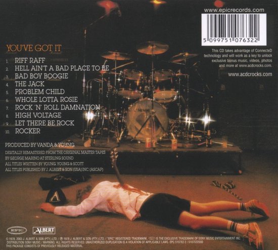 Albumhoes van AC/DC "You've Got It", met een gestileerde afbeelding van een drumstel en de bandleden.