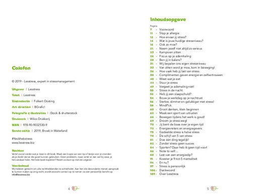 Inhoudsopgave van "Yes, ik heb stress!" en colofon.
