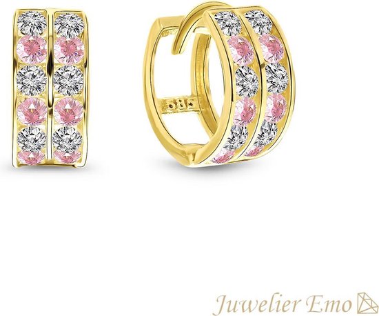 Juwelier Emo - 14 Karaat Gouden Kinderoorbellen Meisje - Dubbele rij Roze Zirkonia stenen - 17.5 MM