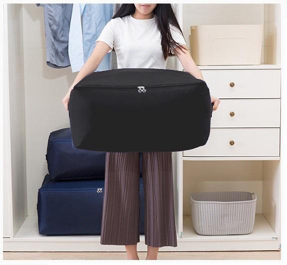 Kiswleon 4 stuks opbergtassen met ritssluiting, 120 l, waterdichte Oxford zwarte verhuiszakken, opbergtas, voor dekbedden voor kleding, beddengoed, beddengoed