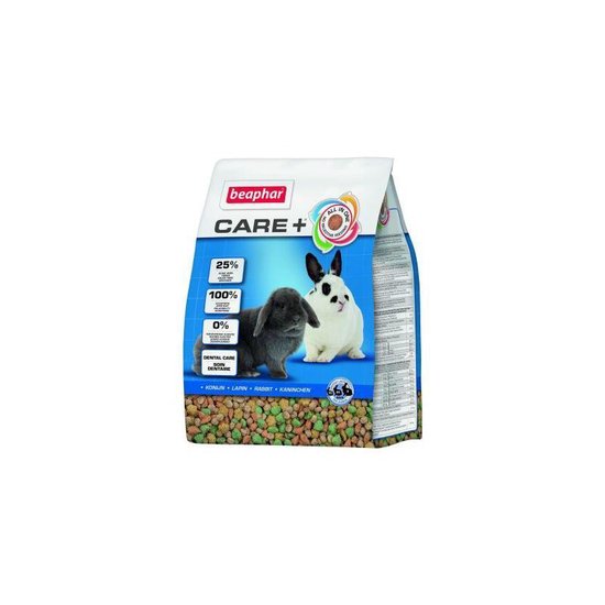 Zak voer met op de voorkant een grijze lop-oor konijn en een wit met zwart gevlekt konijn.