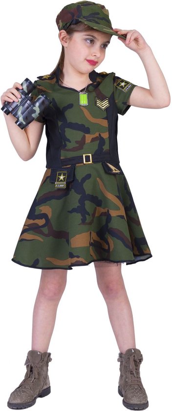 Funny Fashion - Leger & Oorlog Kostuum - Leger Strateeg Kapitein Karin - Meisje - groen,bruin - Maat 128 - Carnavalskleding - Verkleedkleding