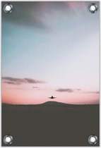 Tuinposter –Landend Vliegtuig met Roze Lucht– 40x60cm Foto op Tuinposter (wanddecoratie voor buiten en binnen)