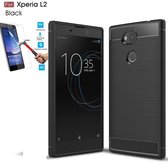 Sony Xperia L2 Carbone Brushed Tpu Zwart Cover Case Hoesje - 1 x Tempered Glass Screenprotector