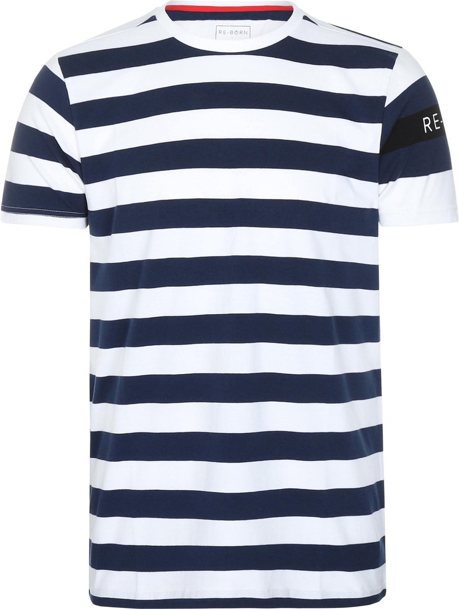 Re-Born Streep Korte Mouw T-shirt Heren - Navy/Wit - Maat S | bol.com