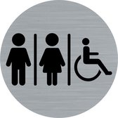 Panneau de porte - panneau de toilette - toilettes pour femmes - toilettes pour hommes - toilettes pour handicapés - panneau - femmes - messieurs - handicapés - rond avec aspect acier inoxydable