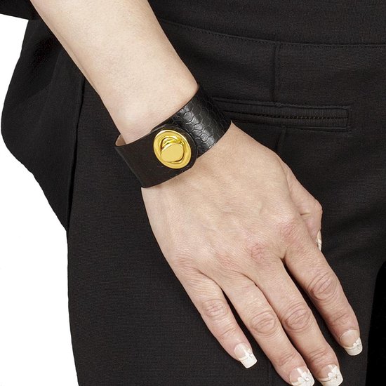 NEW SALE, BELUCIA Dames armband LK-01 Kalfsleer shiny zwart, goudkleurig, maat 17 cm