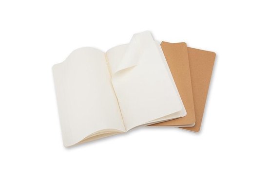 Open notitieboekje met witte pagina's en bruine omslag, met bruine notitieboekjes erachter.