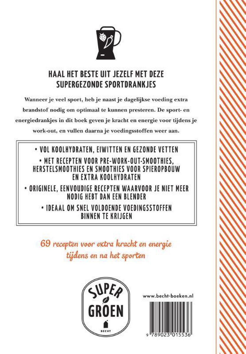 Boekomslag met recepten voor sport- en energiedrankjes, met bullet points en een logo.