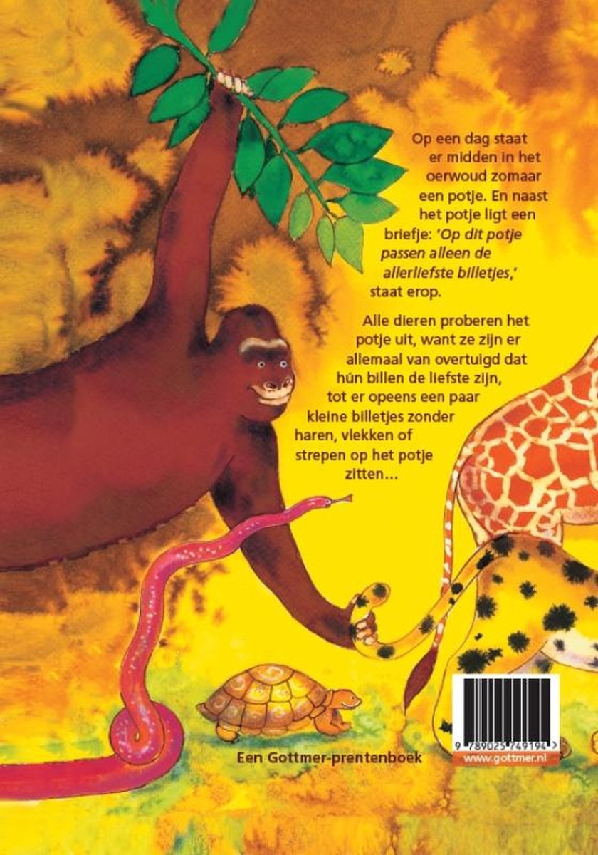 Een orang-oetan hangt aan een tak, een slang kronkelt, een schildpad en een giraffe zijn afgebeeld op een gele achtergrond met textuur.