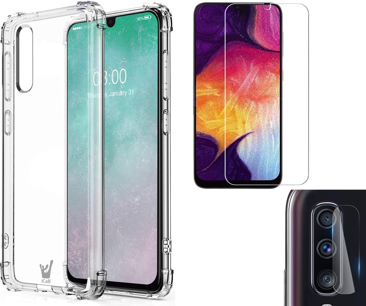 Hoesje geschikt voor Samsung A50 - Transparant + Screen Protector + Camera Protector