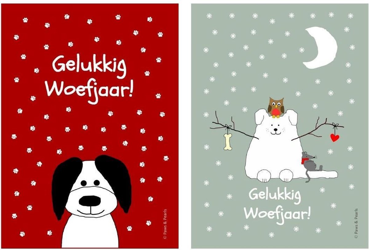 Kerstkaarten, 18 stuks, formaat postkaart, thema 'hond' en tekst 'Gelukkig Woefjaar!'.