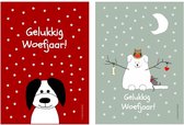 Cartes de Noël et du Nouvel An, 16 pièces, carte postale de taille, thème «chien» et texte «Happy Woefjaar!'.