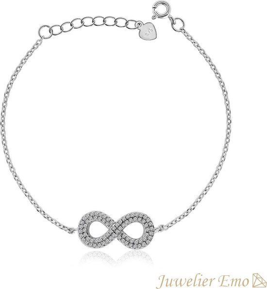 Juwelier Emo - Infinity armband bezet met Zirkonia's - Zilveren Armband Dames - LENGTE 20 CM