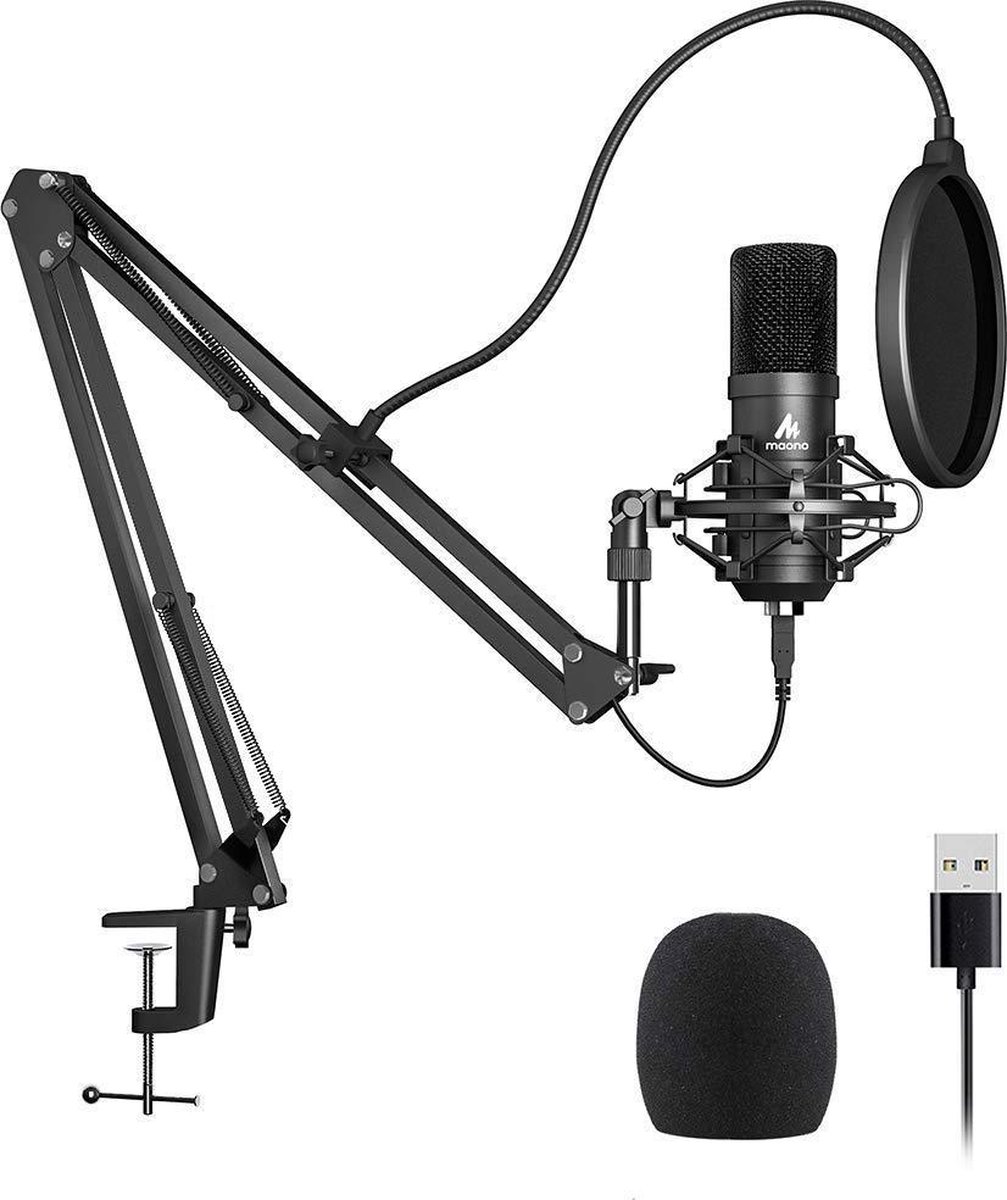 MAONO AU-A04 podcast microfoon set, USB condensator microfoon incl. beweegbare arm en filter zwart